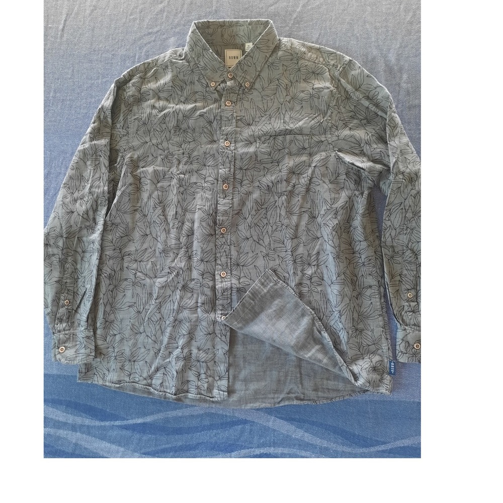 ROWM Mens XL Gray Black Floral Leaf Print Cotton Long Sleeve Button Down Shirt